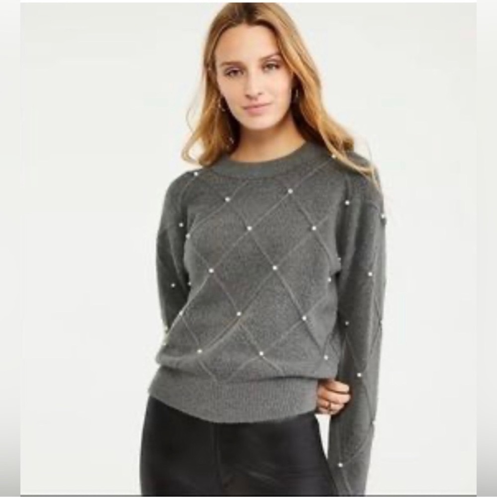Ann Taylor Gray Pearl-Embellished Sweater